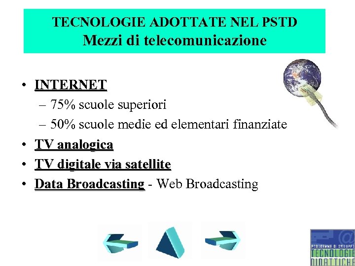 TECNOLOGIE ADOTTATE NEL PSTD Mezzi di telecomunicazione • INTERNET – 75% scuole superiori –