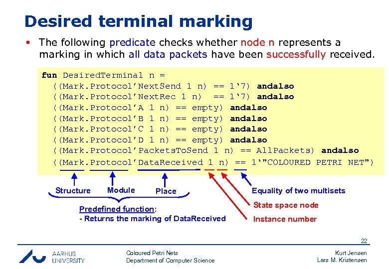 Desired terminal marking § The following predicate checks whether node n represents a marking