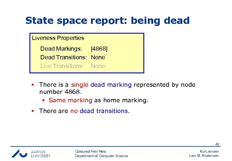 State space report: being dead Liveness Properties Dead Markings: [4868] Dead Transitions: None Live