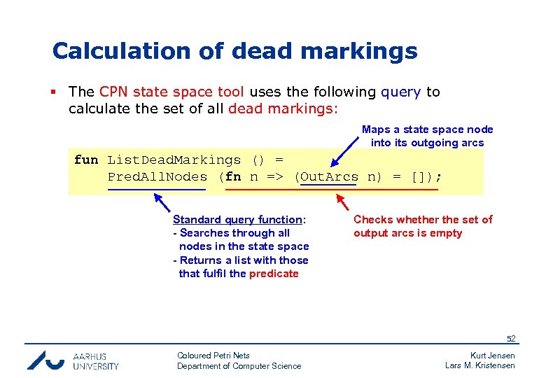 Calculation of dead markings § The CPN state space tool uses the following query