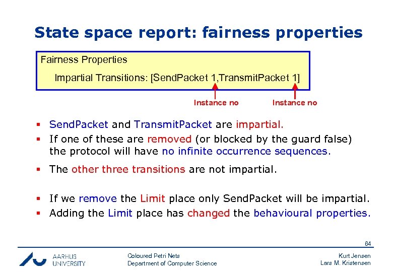 State space report: fairness properties Fairness Properties Impartial Transitions: [Send. Packet 1, Transmit. Packet