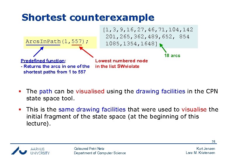 Shortest counterexample Arcs. In. Path(1, 557); [1, 3, 9, 16, 27, 46, 71, 104,