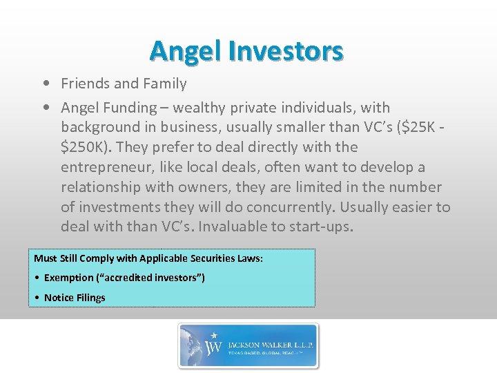 Angel Investors • Friends and Family • Angel Funding – wealthy private individuals, with