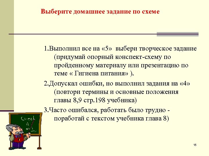 Выберите домашнее задание по схеме 1. Выполнил все на « 5» выбери творческое задание