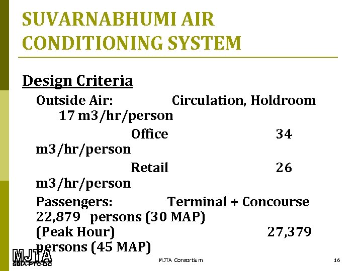 SUVARNABHUMI AIR CONDITIONING SYSTEM Design Criteria Outside Air: Circulation, Holdroom 17 m 3/hr/person Office