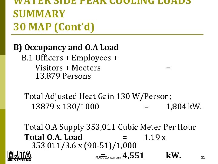 WATER SIDE PEAK COOLING LOADS SUMMARY 30 MAP (Cont’d) B) Occupancy and O. A