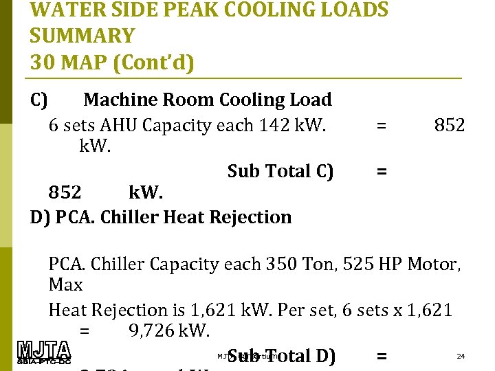 WATER SIDE PEAK COOLING LOADS SUMMARY 30 MAP (Cont’d) C) Machine Room Cooling Load