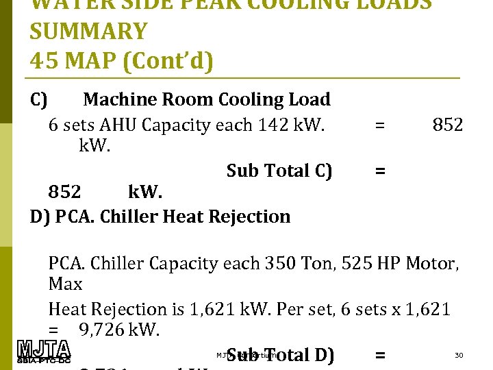 WATER SIDE PEAK COOLING LOADS SUMMARY 45 MAP (Cont’d) C) Machine Room Cooling Load