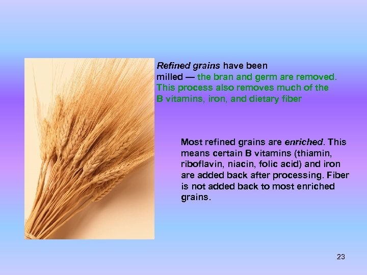 Refined grains have been milled — the bran and germ are removed. This process