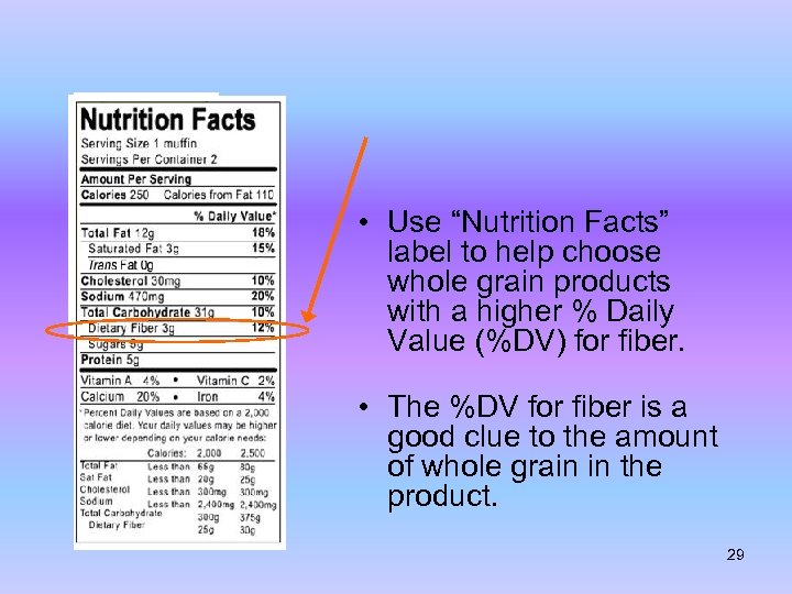  • Use “Nutrition Facts” label to help choose whole grain products with a