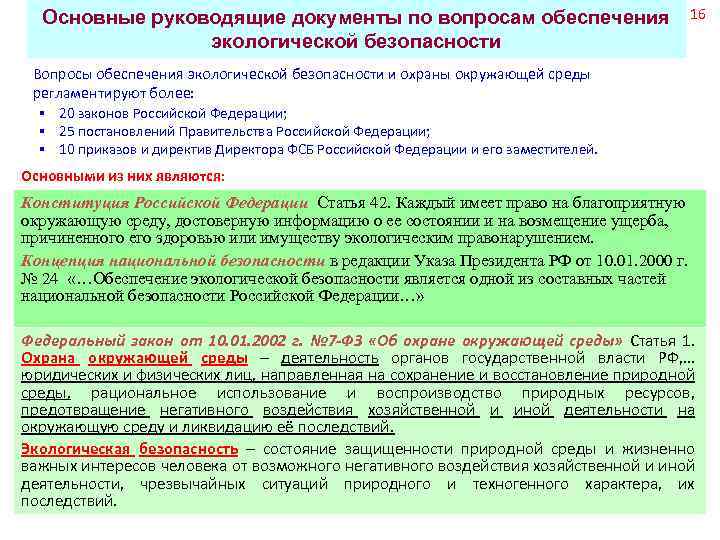 Основные руководящие документы по вопросам обеспечения экологической безопасности 16 Вопросы обеспечения экологической безопасности и