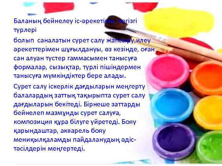 Баланың бейнелеу іс-әрекетінің негізгі түрлері болып саналатын сурет салу жапсыру, илеу әрекеттерімен шұғылдануы, өз