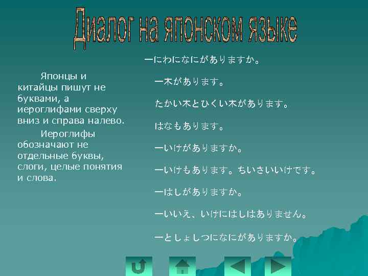 ーにわになにがありますか。 Японцы и китайцы пишут не буквами, а иероглифами сверху вниз и справа налево.