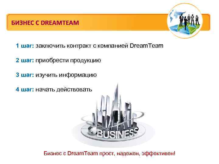 1 шаг: заключить контракт с компанией Dream. Team 2 шаг: приобрести продукцию 3 шаг: