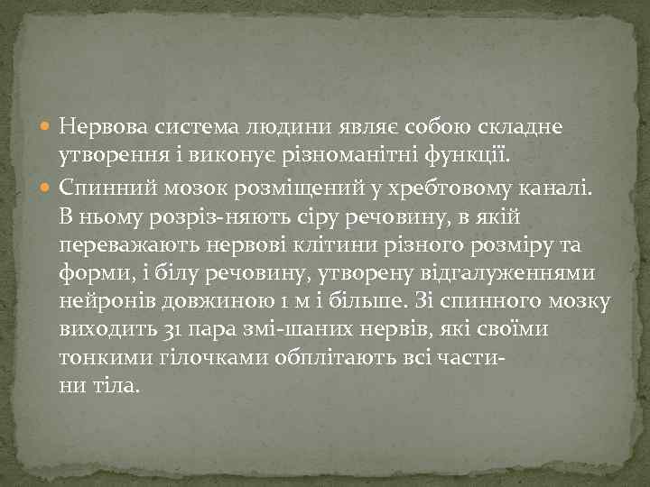  Нервова система людини являє собою складне утворення і виконує різноманітні функції. Спинний мозок