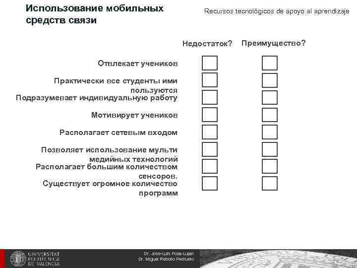 Использование мобильных средств связи Recursos tecnológicos de apoyo al aprendizaje Недостаток? Отвлекает учеников Практически