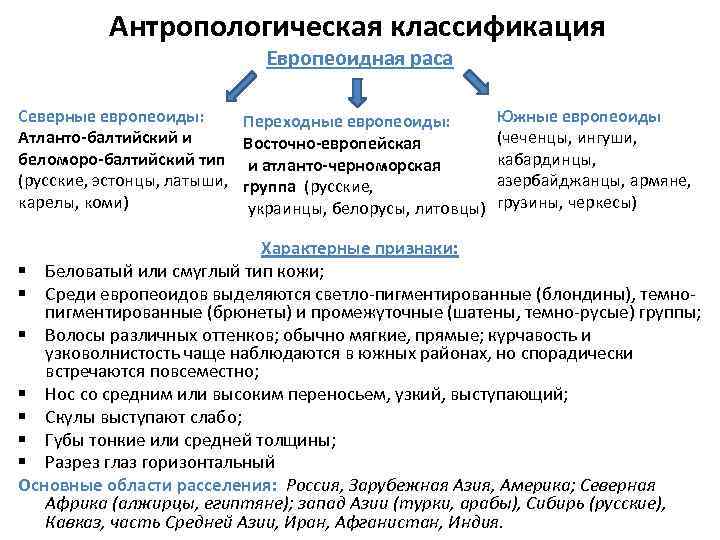 Антропологическая классификация Европеоидная раса Северные европеоиды: Переходные европеоиды: Атланто-балтийский и Восточно-европейская беломоро-балтийский тип и