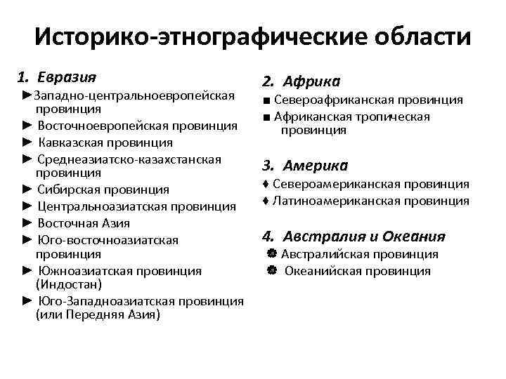 Историко-этнографические области 1. Евразия ►Западно-центральноевропейская провинция ► Восточноевропейская провинция ► Кавказская провинция ► Среднеазиатско-казахстанская