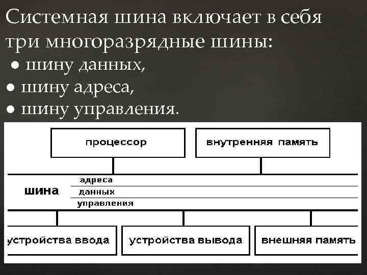 Системная шина включает в себя три многоразрядные шины: ● шину данных, ● шину адреса,