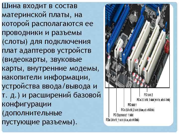 Шина входит в состав материнской платы, на которой располагаются ее проводники и разъемы (слоты)