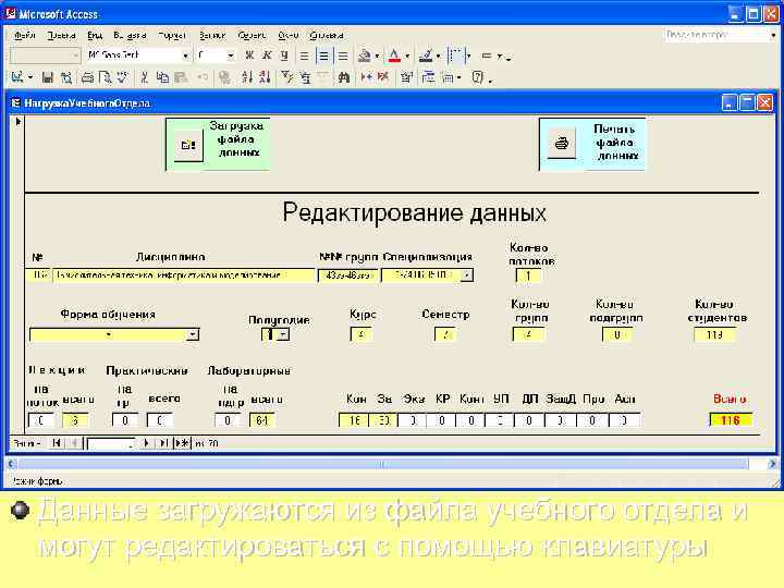 Данные загружаются из файла учебного отдела и могут редактироваться с помощью клавиатуры 