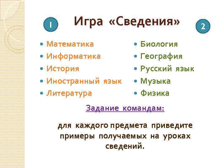 1 Игра «Сведения» Математика Информатика История Иностранный язык Литература Биология География Русский язык Музыка