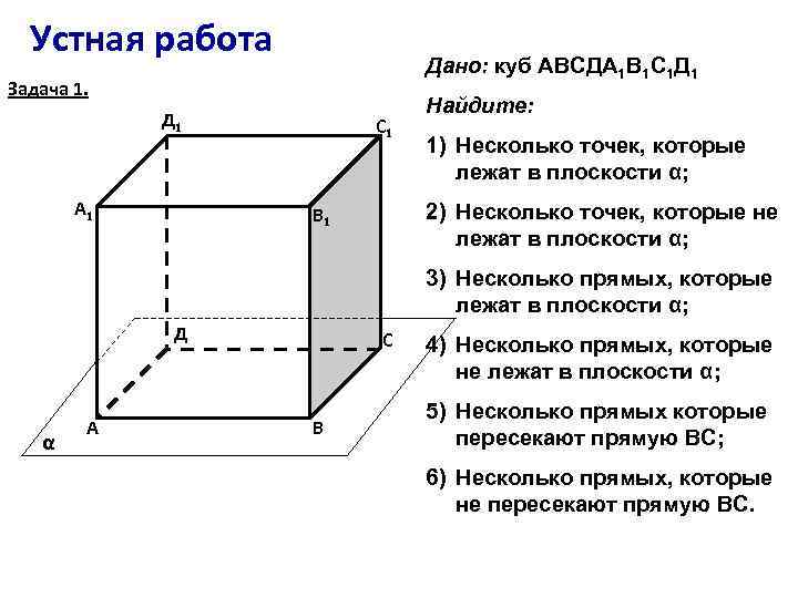 Устная работа Дано: куб АВСДА 1 В 1 С 1 Д 1 Задача 1.