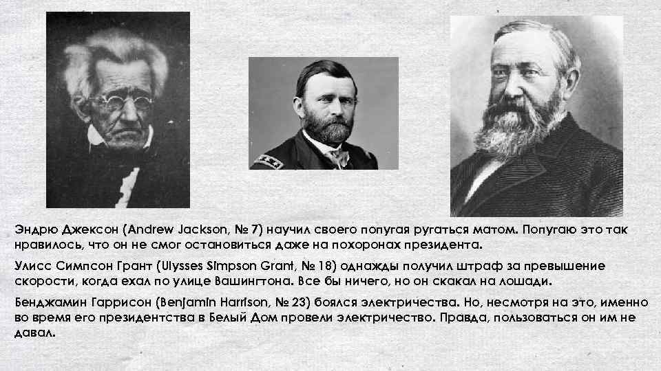 л Эндрю Джексон (Andrew Jackson, № 7) научил своего попугая ругаться матом. Попугаю это