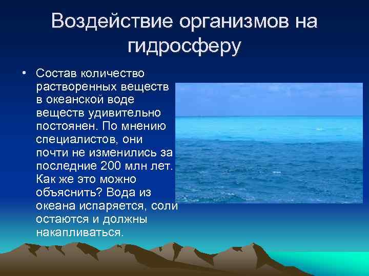 Воздействие организмов на гидросферу • Состав количество растворенных веществ в океанской воде веществ удивительно