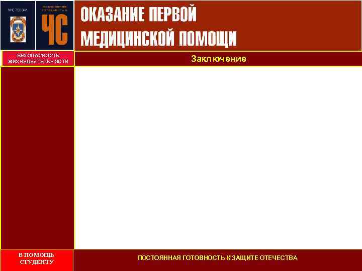 БЕЗОПАСНОСТЬ ЖИЗНЕДЕЯТЕЛЬНОСТИ В ПОМОЩЬ СТУДЕНТУ Заключение ПОСТОЯННАЯ ГОТОВНОСТЬ К ЗАЩИТЕ ОТЕЧЕСТВА 