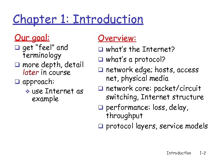 Chapter 1: Introduction Our goal: q get “feel” and terminology q more depth, detail