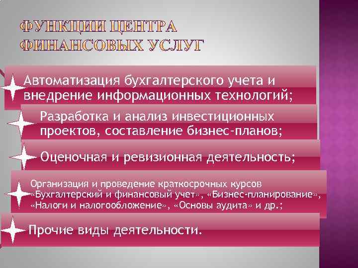 Автоматизация бухгалтерского учета и внедрение информационных технологий; Разработка и анализ инвестиционных проектов, составление бизнес-планов;