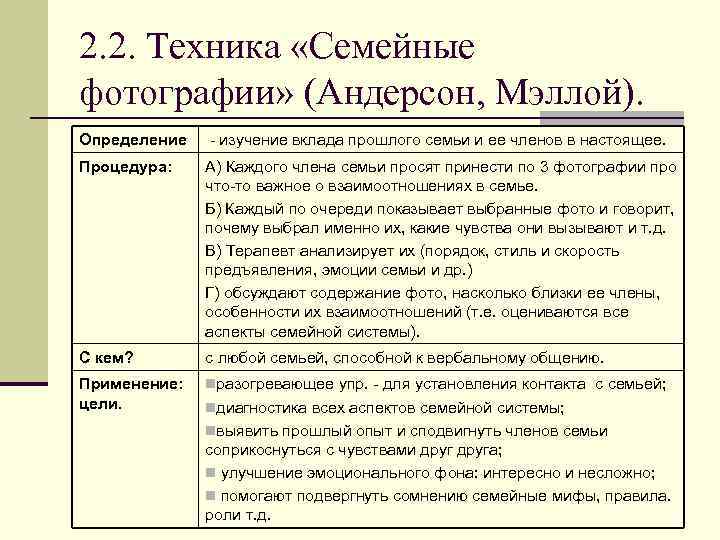 2. 2. Техника «Семейные фотографии» (Андерсон, Мэллой). Определение - изучение вклада прошлого семьи и