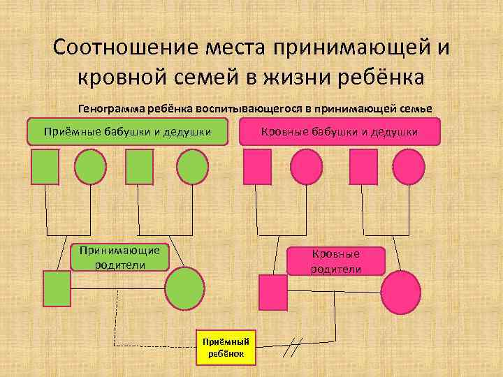 Соотношение места принимающей и кровной семей в жизни ребёнка Генограмма ребёнка воспитывающегося в принимающей