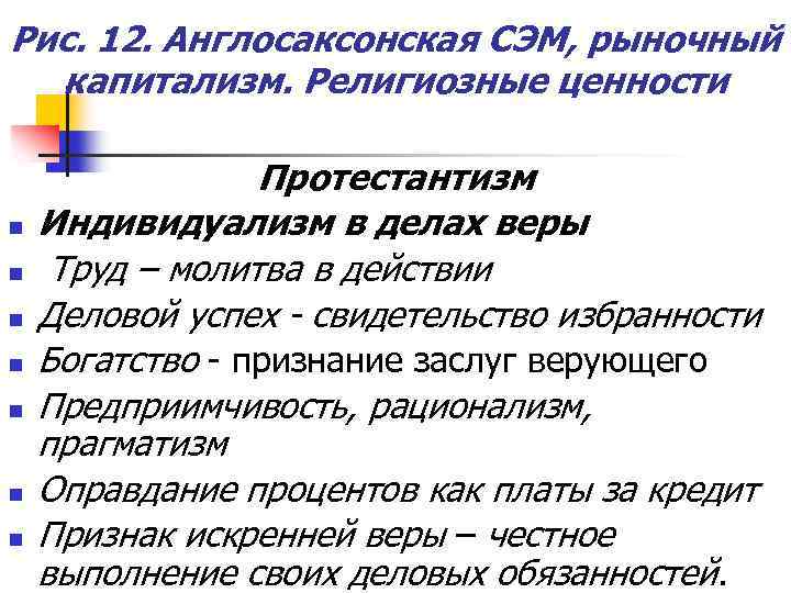 Рис. 12. Англосаксонская СЭМ, рыночный капитализм. Религиозные ценности n n n n Протестантизм Индивидуализм
