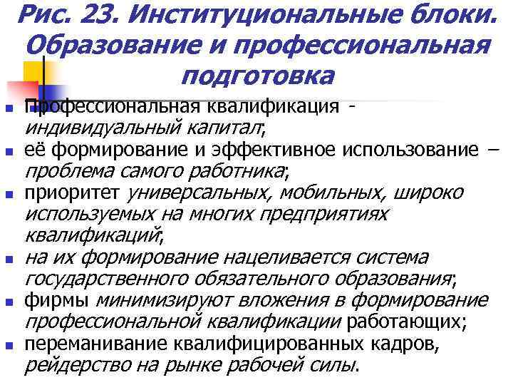 Рис. 23. Институциональные блоки. Образование и профессиональная подготовка n n n Профессиональная квалификация индивидуальный