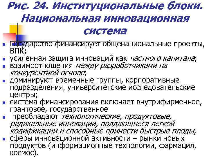 Рис. 24. Институциональные блоки. Национальная инновационная система n n n n Государство финансирует общенациональные