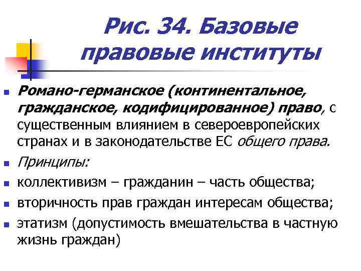Рис. 34. Базовые правовые институты n Романо-германское (континентальное, гражданское, кодифицированное) право, с существенным влиянием
