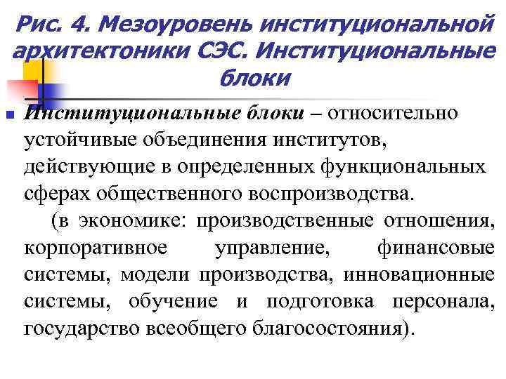 Рис. 4. Мезоуровень институциональной архитектоники СЭС. Институциональные блоки n Институциональные блоки – относительно устойчивые