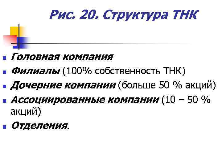 Рис. 20. Структура ТНК n n Головная компания Филиалы (100% собственность ТНК) Дочерние компании