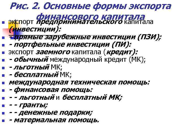 n n n n Рис. 2. Основные формы экспорта финансового капитала экспорт предпринимательского капитала