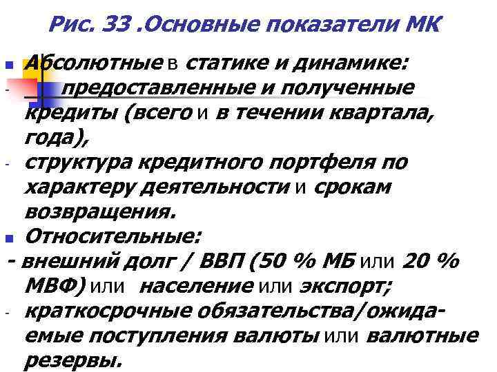 Рис. 33. Основные показатели МК Абсолютные в статике и динамике: предоставленные и полученные кредиты