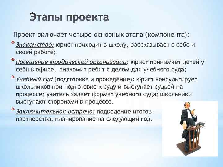 Проект включает четыре основных этапа (компонента): * Знакомство: юрист приходит в школу, рассказывает о