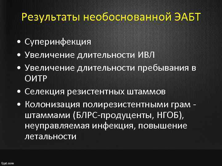 Результаты необоснованной ЭАБТ • Суперинфекция • Увеличение длительности ИВЛ • Увеличение длительности пребывания в