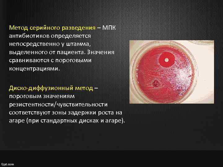 Метод серийного разведения – МПК антибиотиков определяется непосредственно у штамма, выделенного от пациента. Значения