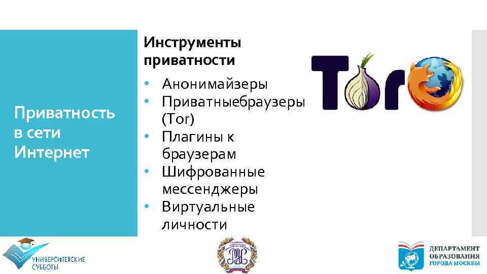 Приватность в сети Интернет Инструменты приватности • Анонимайзеры • Приватныебраузеры (Tor) • Плагины к