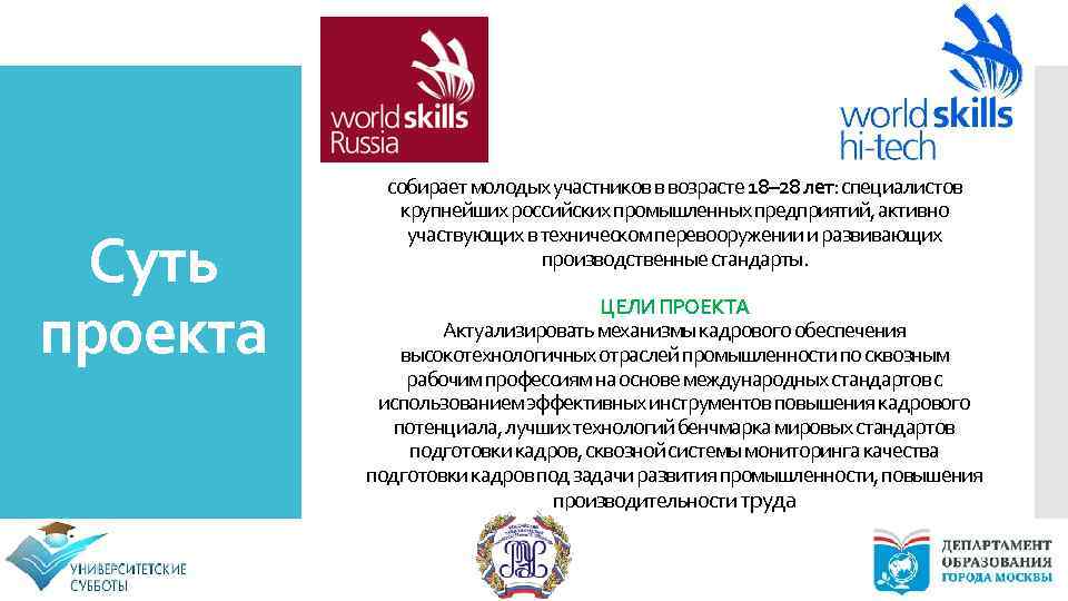 Суть проекта собирает молодых участников в возрасте 18– 28 лет: специалистов крупнейших российских промышленных