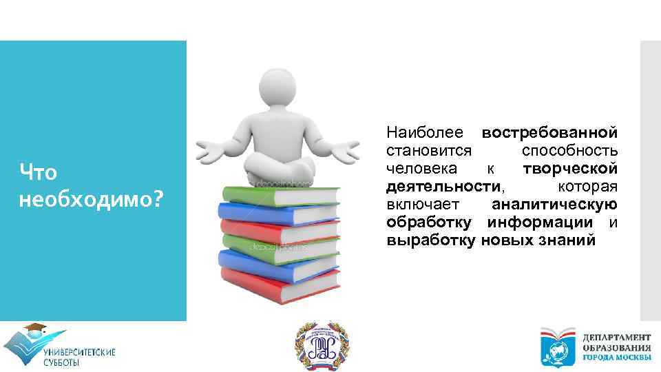 Что необходимо? Наиболее востребованной становится способность человека к творческой деятельности, которая включает аналитическую обработку