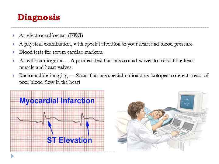 Diagnosis An electrocardiogram (EKG) A physical examination, with special attention to your heart and