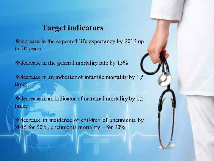 Target indicators vincrease in the expected life expectancy by 2015 up to 70 years